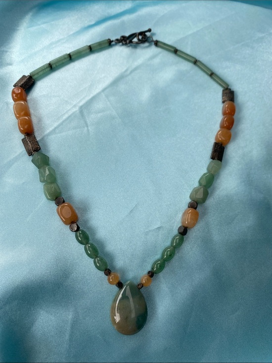Jewelry - Green and Brown Natural Stone Beaded Teardrop Pendant Necklace
